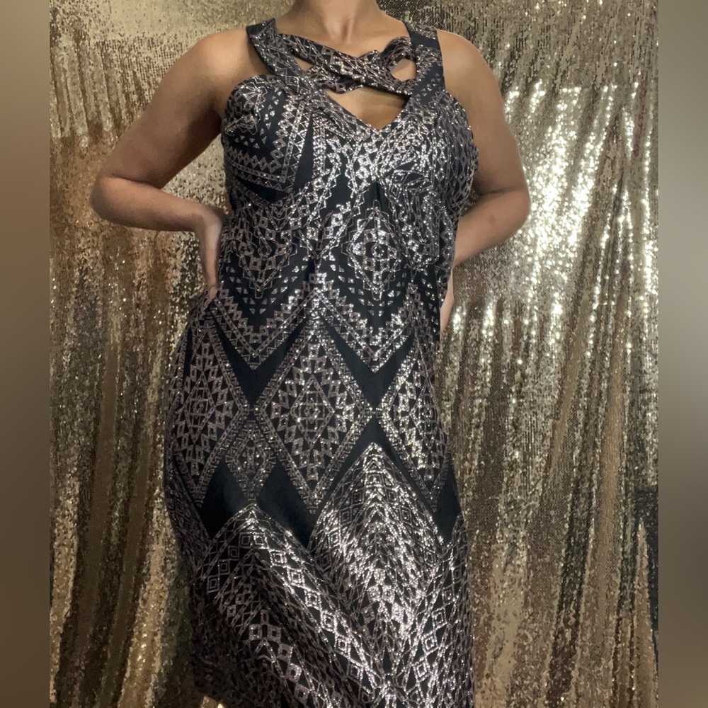 Black and Glitter Laser Cut Out Mini Dress